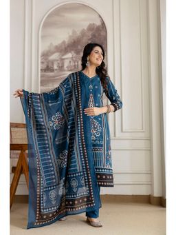 BERRYLICIOUS - Teal Pure Cotton Mirror Embroidered and Printed Kurta with Pant and Dupatta