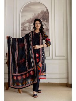 BERRYLICIOUS - Black Pure Cotton Embroidered and Printed Kurta with Pant and Dupatta