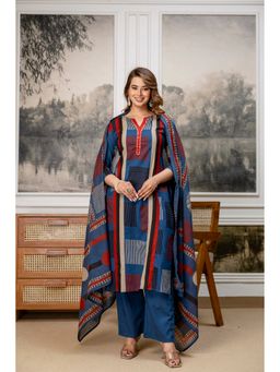 BERRYLICIOUS - Blue Pure Cotton Embroidered and Printed Kurta with Pant and Dupatta