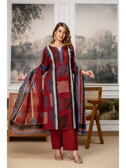 BERRYLICIOUS - Maroon Pure Cotton Embroidered and Printed Kurta with Pant and Dupatta