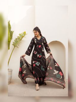 BERRYLICIOUS - Pure Cotton Black Hand Embroidered Kurta with Palazzo and Dupatta