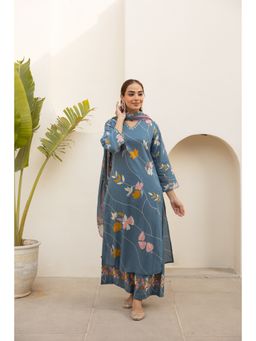 BERRYLICIOUS - Pure Cotton Blue Hand Embroidered and Printed Kurta with Palazzo and Dupatta