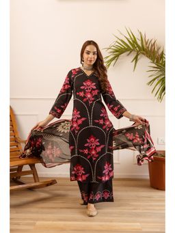 BERRYLICIOUS - Black Hand Embroidered and Floral Printed Kurta with Palazzo and Dupatta
