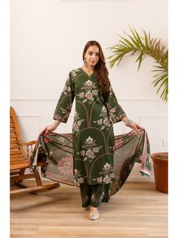 BERRYLICIOUS - Green Hand Embroidered and Floral Printed Kurta with Palazzo and Dupatta