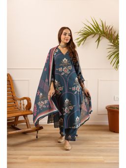 BERRYLICIOUS - Teal Hand Embroidered and Floral Printed Kurta with Palazzo and Dupatta