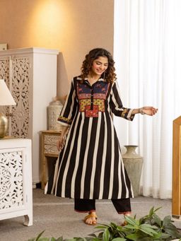 BERRYLICIOUS - Black Hand Embroidered and Striped Printed Kurta with Pant