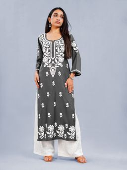 Colorkosh - Grey Rayon Chikankari Embroidered Stylish Kurta with Palazzo