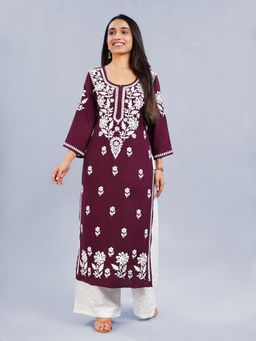 Colorkosh - Maroon Rayon Chikankari Embroidered Stylish Kurta with Palazzo
