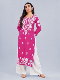 Colorkosh - Pink Rayon Chikankari Embroidered Stylish Kurta with Palazzo