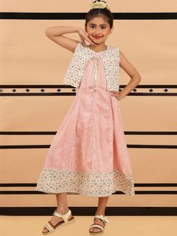 BaawRi - Peach Printed A-Line Dress with Jacket Style Layer