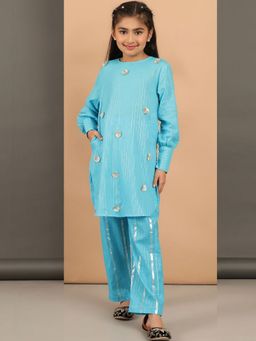 BaawRi - Sky Blue Foil Stripe Pattern Kurta and Pant