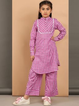 BaawRi - Pink Checkered Bib Yoke Design Kurta with Pant
