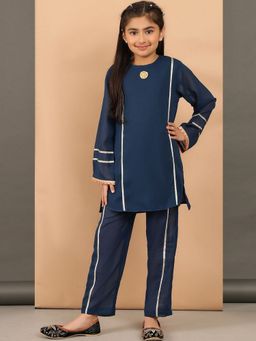 BaawRi - Navy Blue Solid Polyester Straight Kurta and Pant