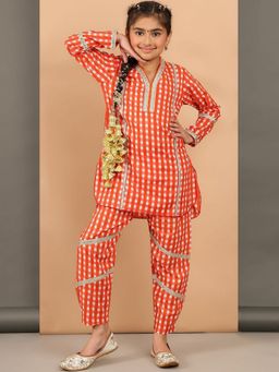 BaawRi - Orange Checkered Pure Cotton Kurta and Pant