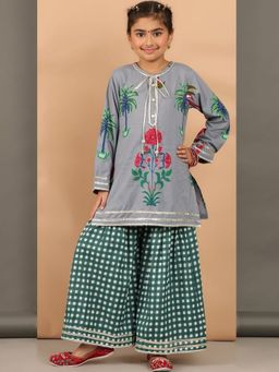 BaawRi - Grey Floral Printed Straight Kurta and Sharara