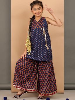 BaawRi - Navy Blue Floral Printed Angrakha Kurta and Sharara