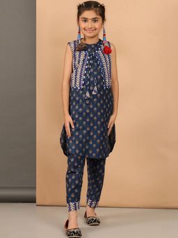 BaawRi - Navy Blue Printed Straight Tie Up Neck Kurta and Pant