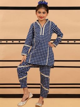 BaawRi - Navy Blue Checkered Straight Kurta with Pant