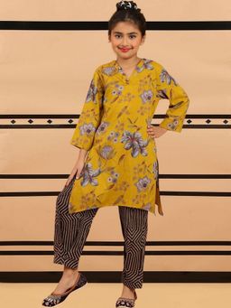 BaawRi - Mustard Floral Printed Straight Kurta with Pant