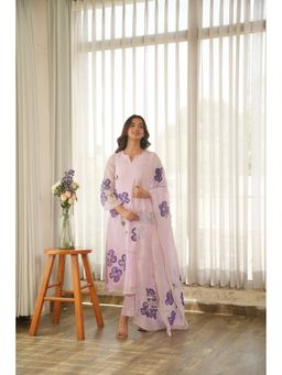 ONEWE INDIA - Women'S Lavender Hand Paint Soft Organza Kurta with Pant and Dupatta