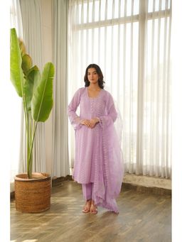 ONEWE INDIA - Lavender Schiffli Cotton Embroidered Kurta with Pant and Dupatta