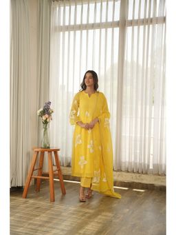 ONEWE INDIA - Lemon Yellow Hand Paint Soft Organza Kurta with Pant and Dupatta