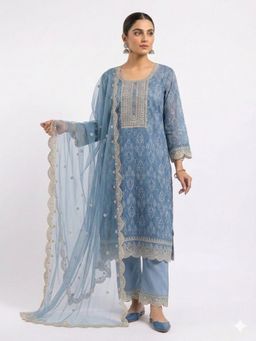 M MARCH LABEL - Azure Blue Embroidered Kurta and Pant with Dupatta
