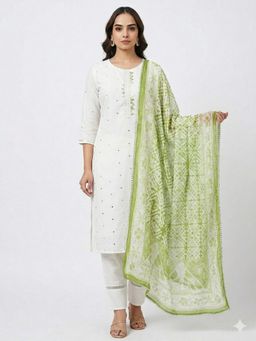 M MARCH LABEL - White Embroidered Mirror Work Kurta and Pant with Dupatta