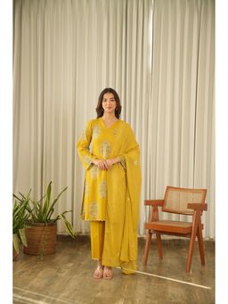 ONEWE INDIA - Mustard Bloom Screen Print Cotton Kurta with Pant and Dupatta