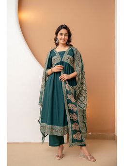 BERRYLICIOUS - Teal Hand Embroidered Empire Anarkali Kurta with Palazzo and Dupatta