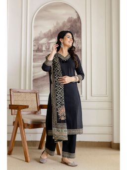 BERRYLICIOUS - Black Pure Cotton Mirror and Hand Embroidered Kurta with Palazzo and Dupatta