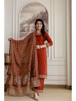BERRYLICIOUS - Rust Pure Cotton Mirror and Hand Embroidered Kurta with Palazzo and Dupatta