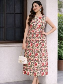 Maaesa - Multi-Colour Cotton Floral Printed A-Line Dress