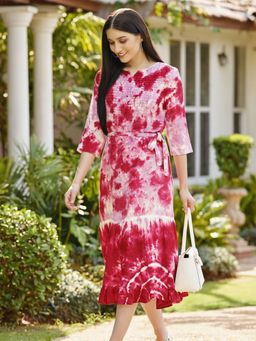 Maaesa - Pink Hand Tie and Dye Rayon A-Line Dress