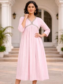 Maaesa - Pink Rayon Striped A-Line Dress