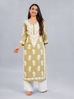 Colorkosh - Olive Green Rayon Chikankari Embroidered Stylish Kurta with Palazzo