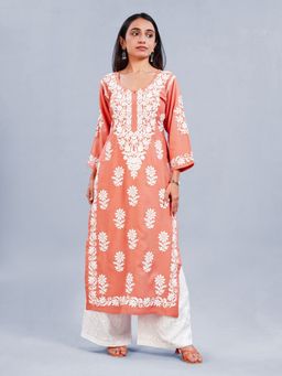 Colorkosh - Orange Rayon Chikankari Embroidered Stylish Kurta with Palazzo