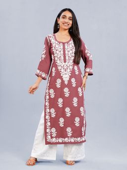 Colorkosh - Rust Rose Rayon Chikankari Embroidered Stylish Kurta with Palazzo