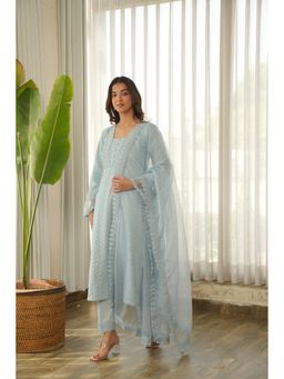 ONEWE INDIA - Powder Blue Schiffli Cotton Kurta with Pant and Dupatta