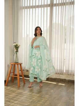 ONEWE INDIA - Pastel Mint Green Hand Paint Soft Organza Kurta with Pant and Dupatta