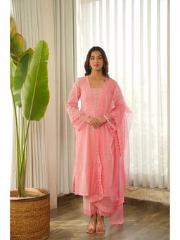 ONEWE INDIA - Peach Schiffli Cotton Kurta with Pant and Dupatta