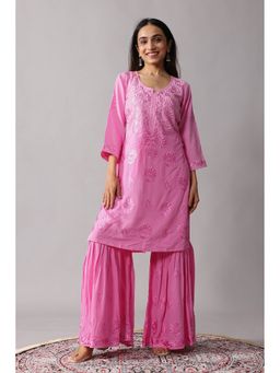 Colorkosh - Baby Pink Rayon Chikankari Embroidered Stylish Kurta with Sharara