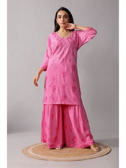 Colorkosh - Rose Pink Rayon Chikankari Embroidered Stylish Kurta with Sharara