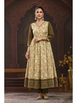 arangya - Cream Premium Cotton Blend Fabric Printed Flared Kurta and Pant