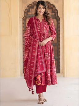 arangya - Pink Premium Cotton Blend Fabric Printed Flared Kurta with Pant and Dupatta
