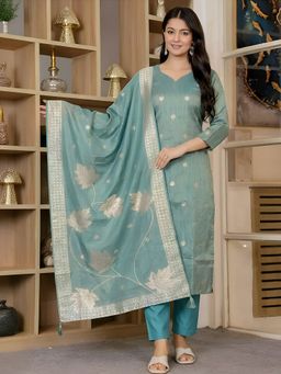 arangya - Teal Premium Jacquard Silk Printed Kurta with Pant and Dupatta