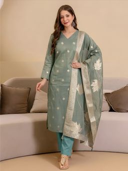arangya - Green Premium Jacquard Silk Printed Kurta with Pant and Dupatta