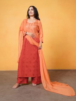 Colorkosh - Peach Rayon Chikankari Embroidered Stylish Kurta with Palazzo and Dupatta