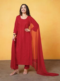 Colorkosh - Red Rayon Chikankari Embroidered Stylish Kurta with Palazzo and Dupatta