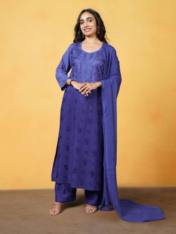 Colorkosh - Royal Blue Ombre Rayon Chikankari Embroidered Kurta with Palazzo and Dupatta